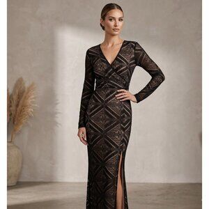 Windsor Black & Nude Lace Long Sleeve Maxi Dress size 3 With Slit V-Neck Wrap De